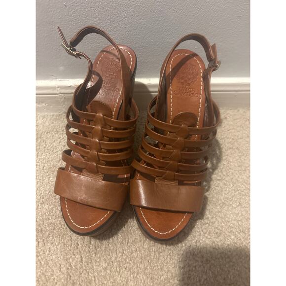 Vince Camuto Vc-Onia Brown Suede Wood Platform Wedge Sandal Shoes Womens Size 9 - Picture 1 of 3